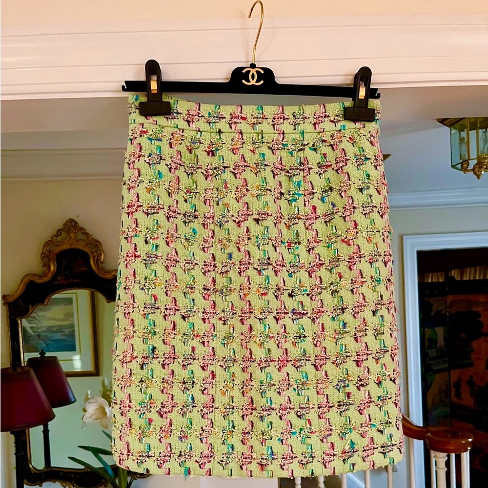 CHANEL 1995 Green and Pink Candy Colored Tweed Skirt